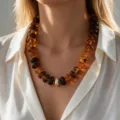 Collar bohemio de cuentas gruesas de color ámbar para mujer con cuenta dorada central - Estilo de Cuenta Redonda Degradada (6780904HB) / Ámbar