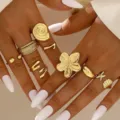 Juego de anillos dorados con motivos de concha, flores y formas geométricas para mujer. - Anillo de Nudillo Irregular / Juego Geométrico Marino (6487701) / Dorado