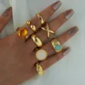 Conjunto de anillos de nudillos irregulares chapados en oro con piedras de colores - Anillo de Nudillo Irregular / Juego de Piedras Coloridas Boho (6525601HB) / Dorado