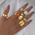Juego de anillos irregulares chapados en oro con piedras de colores estilo bohemio - Anillo de Nudillo Irregular / Juego Geométrico con Piedras (6513601HB) / Dorado