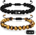 Details zu Partnerperlenarmbändern aus matten schwarzen und Tigerauge-Edelsteinen mit Charms. - Armband Stil B