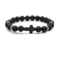 Schwarzes Lavastein Perlenarmband mit Kreuz Anhänger und silbernen Zwischenringen für Damen Herren - Lavastein