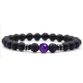 Mat zwarte vulkanisch gesteente en paarse edelsteen kralen yoga energie armband voor uniseks - Mat zwart + paars