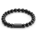 Klassisches schwarzes Perlenarmband für Damen und Herren mit elegantem Stabelement. - Stil C - Schwarzer Achat mit schwarzem rechteckigem Charm