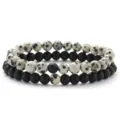 2pcs Natural Stone Beaded Bracelets Matte Black Agate and Dalmatian Jasper 6mm Men Jewelry - Style E / 2 Pieces Set (6mm Beads)
