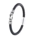 Detailed view of men's black braided leather bracelet featuring a stylish metal knot and clasp. - Total Length 17cm / Silver (Short Buckle)