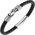 Men's black braided leather bracelet with stainless steel magnetic clasp and knot design. - Total Length 17cm / Silver (Long Buckle)