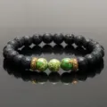 Lava stone and green imperial jasper bracelet with golden swastika spacer beads for yoga. - Style H