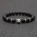Herren 8mm Vulkangestein Lava Perlen Armband mit Metall Leopard Kopf und Strass - Silberner Vulkanstein
