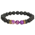 Bracelet de couple de yoga perle de mantra de jaspe impérial violet en lave noire 8 mm - Pierre de lave avec jaspe impérial bleu et perles d'espacement violettes