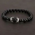 Herren Mode Krone Lava Stein Perlen Armband Charm Paar Naturstein Schmuck Geschenk - Vulkanstein Schwarzer Onyx - Silberne Krone (NB191122)