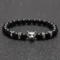 Herren Schwarzes Perlenarmband mit Silber Leopard Kopf Anhänger und Strass - Polierter Achat Silber