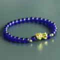 Blue crystal bead bracelet with gold Pi Xiu charm, stylish lucky jewelry for men and women. - 6mm Version / Blue Crystal