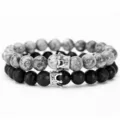 Herren Kronen Perlen Armband Set naturweiss Türkis und schwarzer Lavastein Paare Schmuck - Set D / Schwarzweiß Set