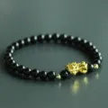 Men black stone bead bracelet with gold Pixiu charm, stylish lucky jewelry 6mm variant. - 6mm Version / Polished Black
