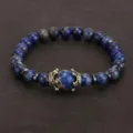 Hommes bracelet perles pierre bleue couronne luxe couple charme bijoux accessoire mode - Pierre Texturée Bleue - Couronne en Or Antique (NB191122)
