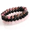 Natürliches Edelstein Perlen Armband Set mit Rosenquarz und schwarzen Perlen für Damen. - Set