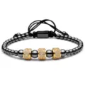 Men's beaded bracelet with dark metallic beads and gold pave cz cylinder charms, adjustable. - Black