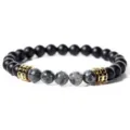 Herren Perlenarmband mit matten schwarzen Perlen, grauen Natursteinen und Zirkon-Abstandshaltern - Gold Distanzstück-Schwarz Blitz Stil