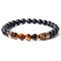 Herren Perlenarmband mit matten Obsidianen, Tigerauge Perlen und funkelnden Zirkon Zwischenperlen. - Roségold Distanzstück-Gelb Tigerauge Stil