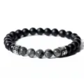 Pulsera de cuentas para hombre obsidiana negra mate labradorita espaciador plata - Estilo Espaciador Plateado-Destello Negro