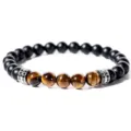 Pulsera de cuentas para hombres de ojo de tigre natural y obsidiana negra con espaciadores de circón. - Estilo Espaciador Plateado-Ojo de Tigre Amarillo