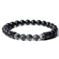Pulsera de cuentas para hombre con cuentas negras mate, piedras grises y anillos de circón. - Estilo Espaciador Negro-Destello Negro