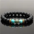 Natural 8mm lava stone turquoise yoga bracelet with antique gold metal spacer beads for men. - Style I