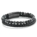 Herren doppelreihiges Lederarmband mit Lavastein Perlen und schwarzem Magnetverschluss Hauptansicht - 23cm / Schwarzer Labradorit & Lavastein