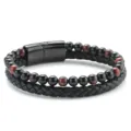 Herren doppelreihiges Lederarmband mit Natursteinperlen und schwarzem Magnetverschluss. - 23cm / Schwarze glatte Oberfläche & rotes Tigerauge