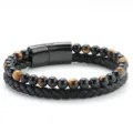Herren doppelte Schicht Tigerauge Stein und Leder Armband mit Magnetverschluss. - 23cm / Schwarz Poliert & Gelbes Tigerauge