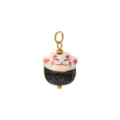 Colgante Gato de la Suerte Maneki Neko de Cerámica para Joyería DIY Negro y Blanco - Gato de la suerte con flores blancas sobre fondo negro
