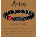 Pulsera de cuentas de ágata negra del zodiaco Aries con piedra roja y tarjeta astrológica. - Aries