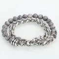 Pulsera de hombre de cadena de acero inoxidable y cuentas de piedra natural gris. - Estilo H