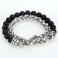 Pulsera multicapa para hombre de piedra de lava negra y cadena de acero inoxidable. - Estilo I
