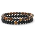Natural Tiger Eye and Black Matte Agate Beaded Bracelets Set 6mm Men Women Jewelry Gift - Style H / 2 Pieces Set (6mm Beads)