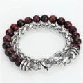 Herren Doppelstrang Armband mit roten Tigerauge Edelstein Perlen und Edelstahl Kette. - Stil D