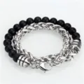 Pulsera de capas para hombre con cuentas de piedra negra de 8mm y cadena de acero. - Estilo E