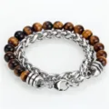 Pulsera de doble capa para hombre de piedra ojo de tigre y cadena de acero inoxidable 8mm. - Estilo F