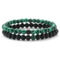 Men's 6mm Natural Malachite and Matte Black Beaded Bracelet Set 2pcs Stackable Jewelry - Style K / 2 Pieces Set (6mm Beads)