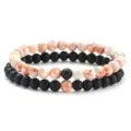 Men 6mm black agate and natural stone beaded bracelet set 2pcs stackable fashion jewelry - Style O / 2 Pieces Set (6mm Beads)