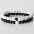 Natural stone bead bracelet set featuring white howlite and black matte onyx beads. - Style Q / 2 Pieces Set (6mm Beads)