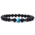 Mat zwarte en blauwe kralen yoga armband met lavasteen en metalen afstandhouders - Mat Zwart + Blauw Turkoois