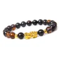 Herren 8mm Tigerauge Obsidian Perlenarmband mit goldener Pixiu Glücksanhänger Schmuck. - Gestreifter Achat