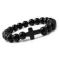 Pulsera de cuentas negras con colgante de cruz joyas de oración de yoga religioso - Negro pulido