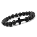 Pulsera de cuentas de piedra de lava negra con colgante de cruz para hombres y yoga. - Piedra de lava