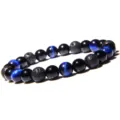 Bracelet de perles en oeil de tigre bleu et pierre de lave pour yoga et energie. - Lettre P