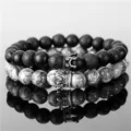 Herren doppelreihiges Perlenarmband Set mit schwarzem Lavastein und Zirkon Kronen-Anhänger. - Set A