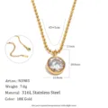 Detailed view of stainless steel necklace with large cubic zirconia pendant and specs - Round Pendant / Gold