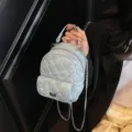 Light blue mini quilted backpack with sparkling rhinestones and chain strap - Blue